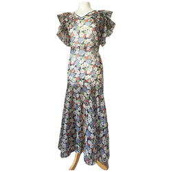 Authentic vintage 1930s Art Deco flutter sleeved floral chiffon evening dress