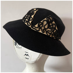 Original 1940s black wool felt slanted tilt hat with soutache braided trim