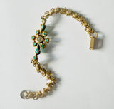 Mid-century turquoise glass and clear rhinestone cup-chain vintage bracelet