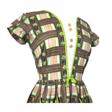 Apple green and brown basket weave floral print 1950s cotton day dress