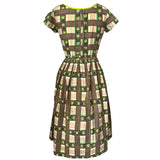 Apple green and brown basket weave floral print 1950s cotton day dress