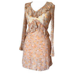 Peach floral vintage 1960s frill trim mini dress