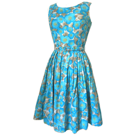 Blue floral vintage 1950s polycotton belted day dress - Candy Says Vintage Clothing UK