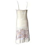 Two piece vintage 1970s unworn scenic print strappy dress and jacket