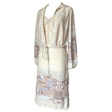 Two piece vintage 1970s unworn scenic print strappy dress and jacket