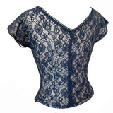 Black floral lace illusion vintage 1950s cap sleeve top