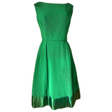 Emerald green satin trim vintage 1950s Blanes cocktail dress