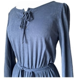 Steel blue velour vintage St Michael early 1980s day dress with laced neckline