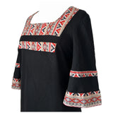 Geometric panel vintage 1970s black, red and white kaftan dress