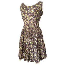 Brown and yellow square print vintage 1950s cotton day dress