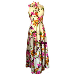 Cream, pink and orange floral vintage 1970s maxi dress