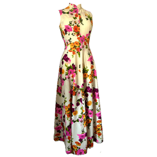 Cream, pink and orange floral vintage 1970s maxi dress