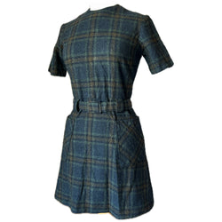 Tartan plaid wool vintage 1960s belted mini dress