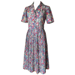 1980s-does-1940s vintage impressionist print day dress with pleated skirt