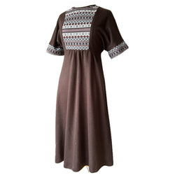 Folky vintage 1970s brown acrylic knit day dress with contrast panel