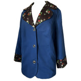 Navy blue and flower power brown floral trim 1970s blazer