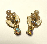 Mid-century Austrian faux pearl and aurora borealis rhinestone clip-on earrings