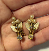 Mid-century Austrian faux pearl and aurora borealis rhinestone clip-on earrings