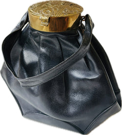 1930s black leather vintage cocktail handbag with decorative metal lid