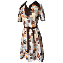 Geometric print vintage 1960s brown and orange belted day dress