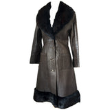 Dark brown leather vintage 1970s coat with fur trim collar and hem