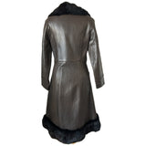 Dark brown leather vintage 1970s coat with fur trim collar and hem