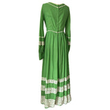 Spring green vintage hippy maxi dress with cream crochet lace trim