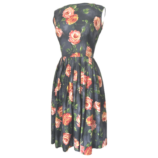 Robe de jour en coton gris anthracite vintage des années 1950 avec imprimé rose orange et rose
