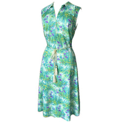 Green and purple impressionist floral vintage 1970s sleeveless day dress