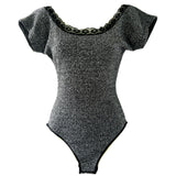 1980s H&M bodysuit in silver lurex with black lace trim