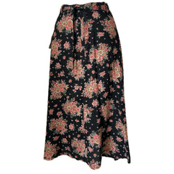 Black and pink trad floral print belted unworn 1970s midi skirt