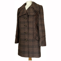 Harella brown plaid check vintage 1970s coat with oversized lapels