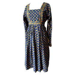 Navy and orange Indian block print vintage folky day dress