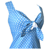 Sky blue and white polkadot tie bust 1970s sun dress