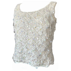 Iridescent ivory white vintage 1950s beaded and sequinned wool top