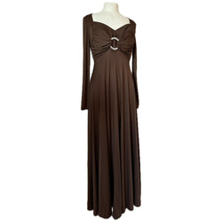 Chocolate brown vintage 1970s gathered bust maxi dress with rhinestone ring