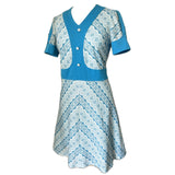 Lace print vintage 1960s blue and white mini dress