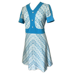 Lace print vintage 1960s blue and white mini dress