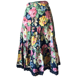 Rose print black cotton vintage 1970s gypsy skirt