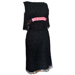 Black lace 1960s cocktail dress with pink ribbon trim and cape back