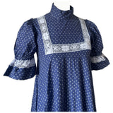 Laura Ashley Made in Wales navy blue and white cotton floral maxi dress with lace trim