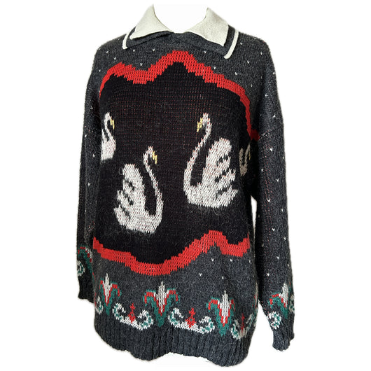Swan picture knit intarsia vintage 1980s oversize jumper