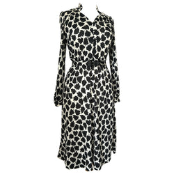 Monochrome vintage late 1970s leaf print dress with deco details