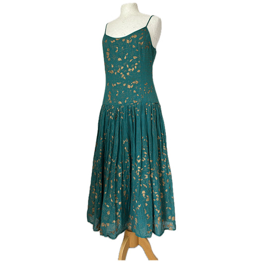 Monsoon 1980s emerald green and gold Indian cotton sundress with matching shawl