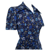 Navy blue floral print short sleeved 1970s day dress