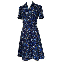 Navy blue floral print short sleeved 1970s day dress