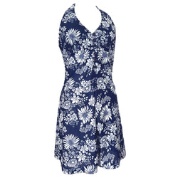 Navy blue and white floral 1960s halterneck mini dress