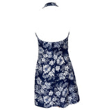 Navy blue and white floral 1960s halterneck mini dress