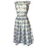 Purple and blue floral print nylon belted 1950s day dress