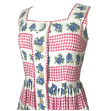 Pink and white gingham cotton vintage 1950s day dress with blue roses